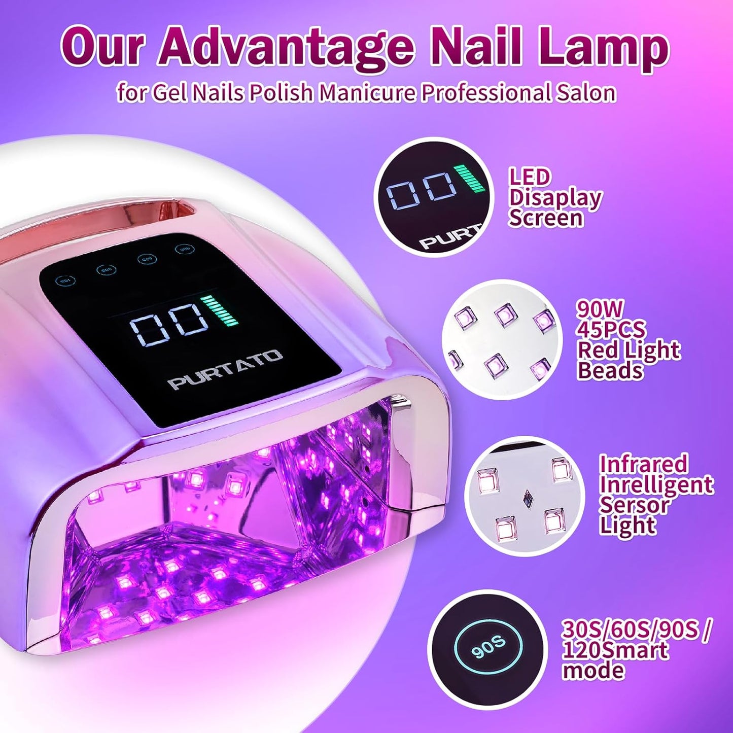 Professional Rechargeable 96W UV LED Portable Cordless UV Light for Nail Lamp Machine with Removable Stainless Steel Bottom,4 Timer Setting and Smart Sensor Nail Dryer (Gradient Purple)