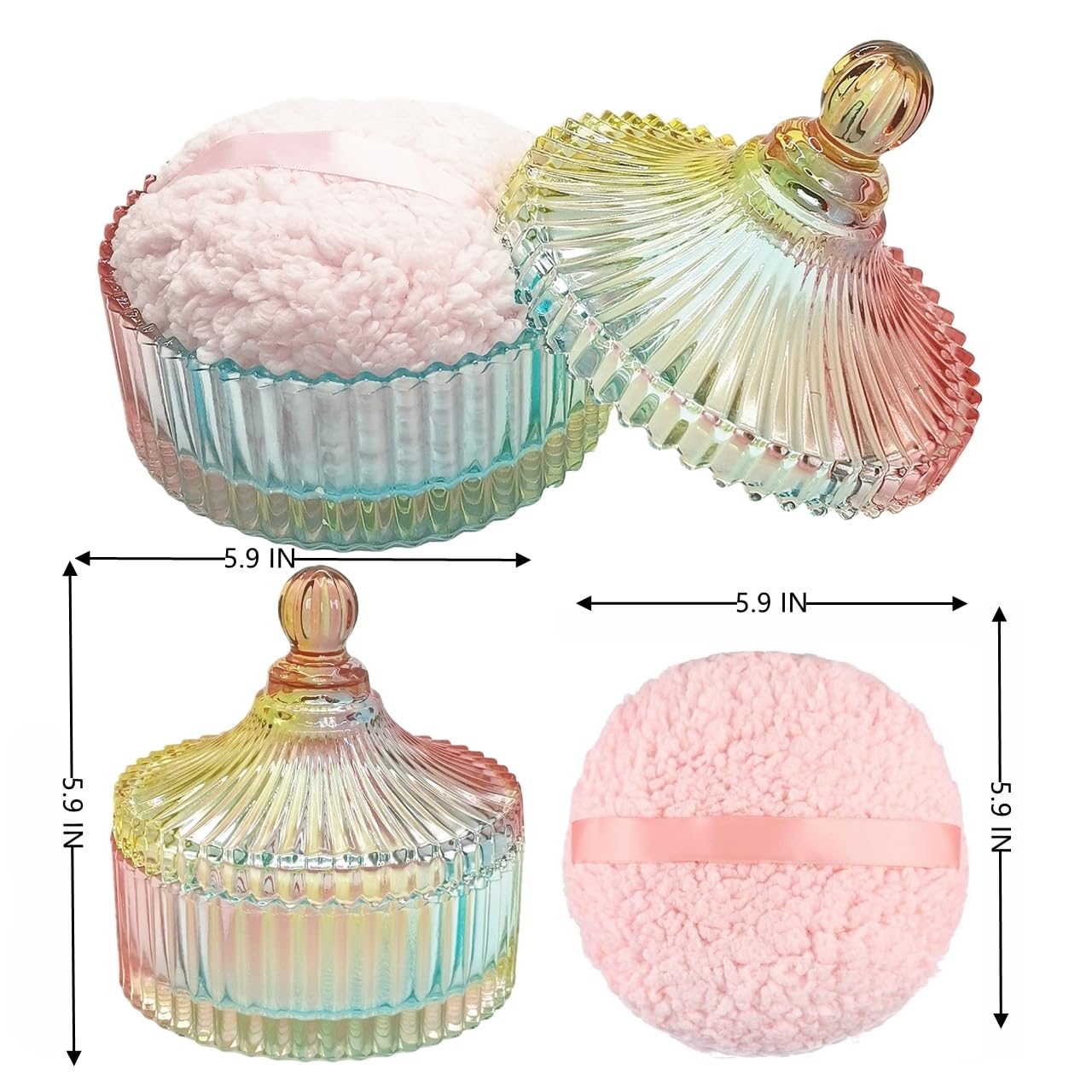Extra Large Body Powder Puff and Container - Vintage Glass Dusting Powder Container with Soft Puff for Women & Girls (5.9x5.9x5.9 IN)-GRB010-Colorful-A