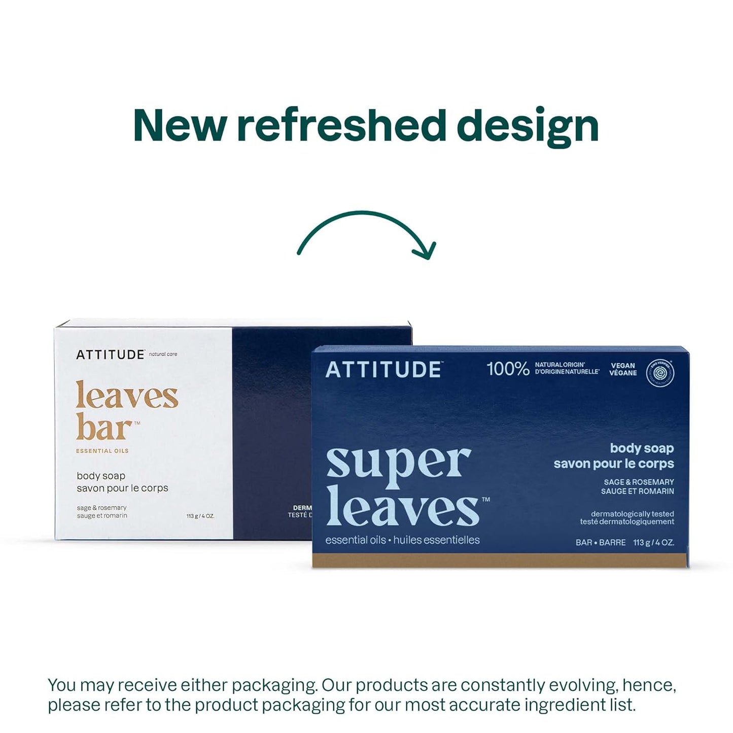 ATTITUDE Body Soap Bar, Natural Origin,Protects and Softens Dry Skin, Coconut & Olive Oils, For Men and Women, EWG verified & Vegan, Sage & Rosemary, 4 Oz