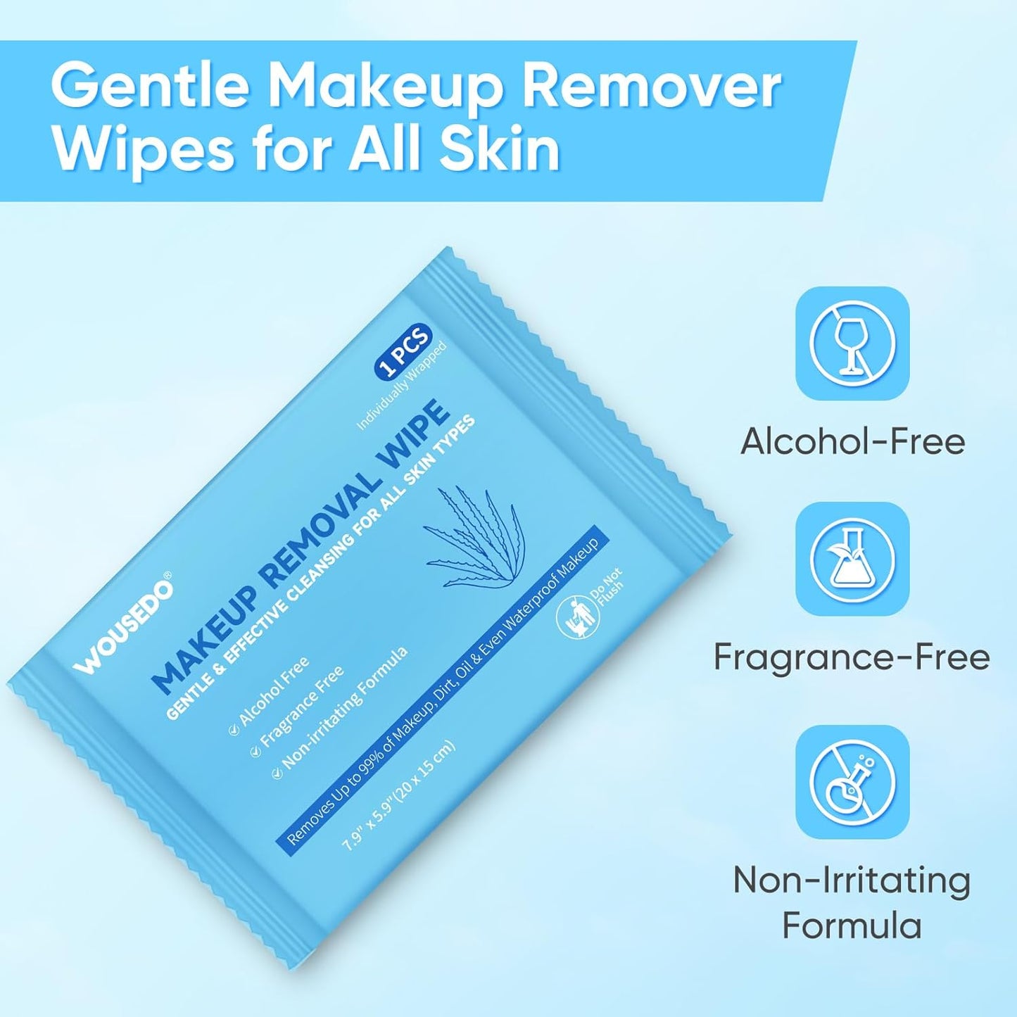 100 Count Makeup Remover Wipes, Bulk Gentle Cleansing Facial Towelettes, Individually Wrapped Travel Size,Alcohol-Free & Hypoallergenic for All Skin Types