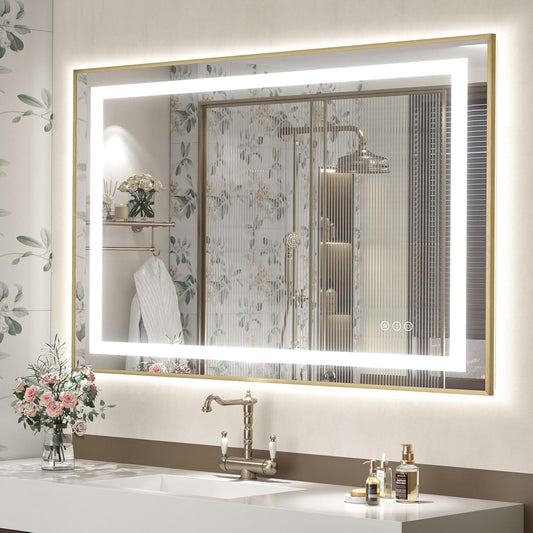OKPAL 44x32 Gold Lighted Bathroom Mirror with Lights, Frontlit & Backlit LED Bathroom Mirror, Lighted Vanity Mirror, Anti-Fog, Dimmable 3 Colors, Shatterproof, Horizontal/Vertical