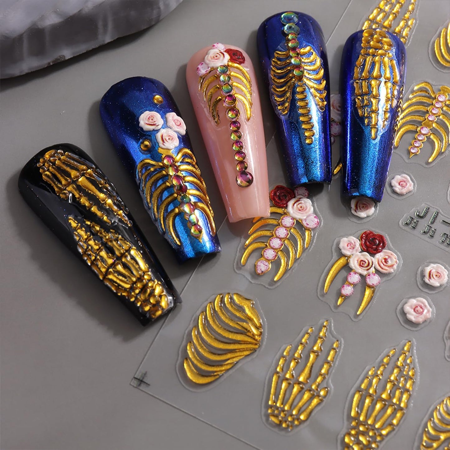 Halloween Nail Art Stickers Decals 5D Embossed Skull Nails Stickers Rose Gold White Skeleton Nail Decal Self-Adhesive Flower Nails Art Decal for Women Halloween Decor