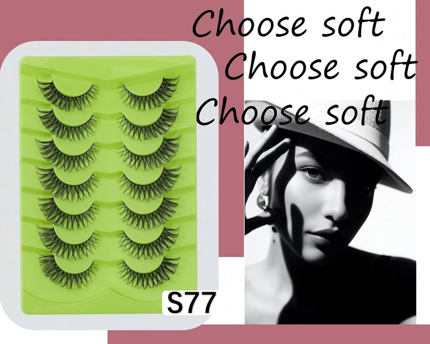 viiviiRose'e False Eyelashes,Black Superfine Cotton Band Lashes,Vegan 3D Volume Eye Lashes,Natural Look Lash,Faux Mink Eyes Lash,C/D Curl,Makeup,7 Pairs,Green(S77)