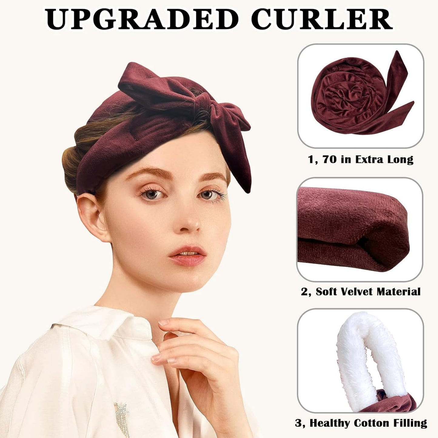 No Heat Overnight Hair Curlers - 70" Soft Ribbon Curl Wrap with 9 Curling Rods, Headband for Long Hair Rollers - Burgundy