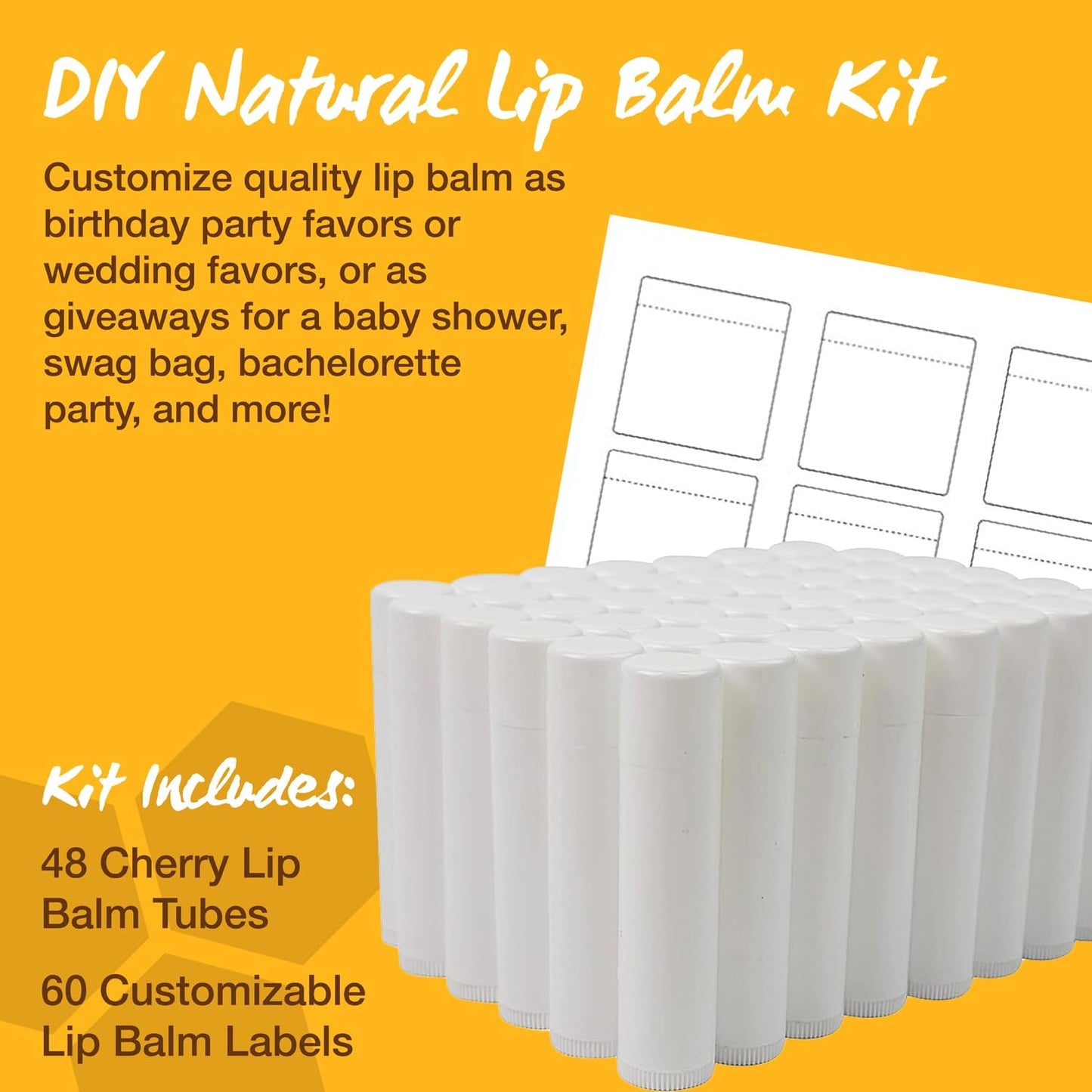 Nature's Bees DIY Lip Balm Kit, Natural Cherry Flavor, Includes 48 Blank Lip Balm Tubes with 60 Labels, Made with Beeswax, Cocoa Butter, Coconut Oil, and Aloe, 0.15 oz Each