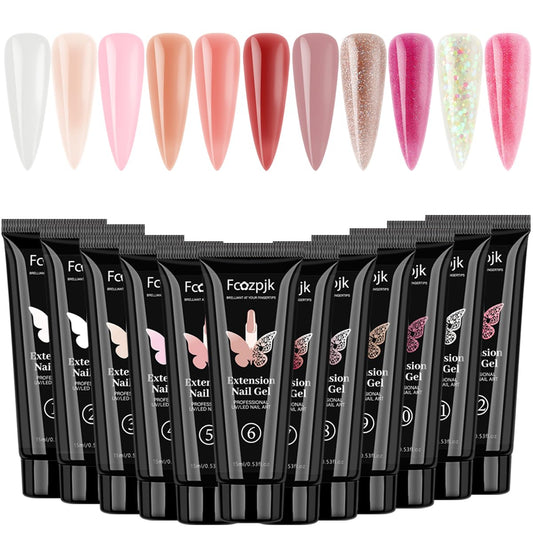 12 Colors Poly Gel Kit, Clear White Nude Pink Shiny Glitter Builder Gel Set, Quick Nail Extension, Professional Salon Supplies