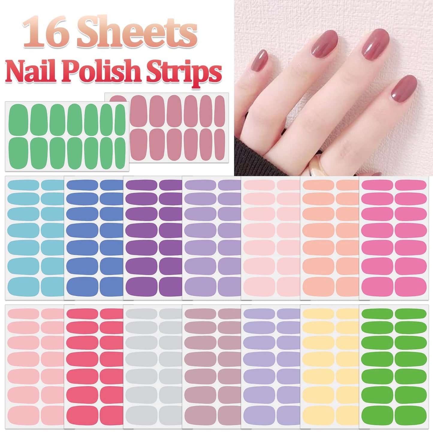 SILPECWEE 16 Sheets Youthful Solid Color Nail Wraps for Women Nail Polish Strips Gel Nail Strips Self Adhesive Nail Polish Stickers Fingernail Manicure Sticker Nail Art with 1pc Nail File