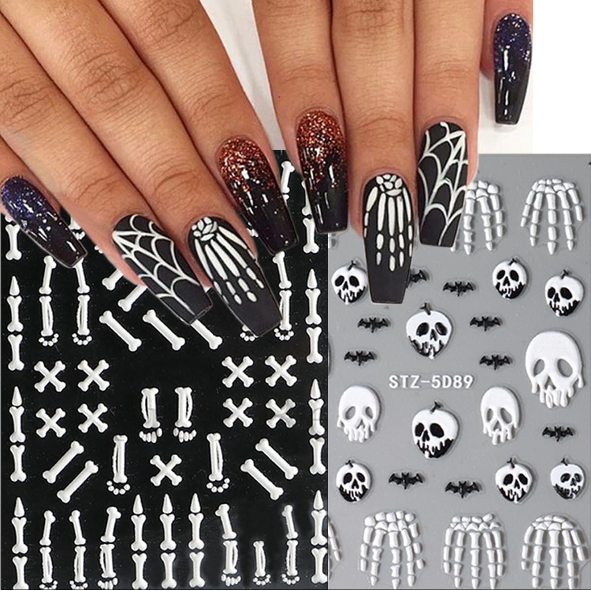 8 Sheets Halloween Nail Art Stickers Goth Ghost Nail Decals 3D Self-Adhesive Skeleton Skull Spider Nail Stickers 5D Black Wing Nail Supplies Halloween Nail Design Stickers for DIY French Manicure