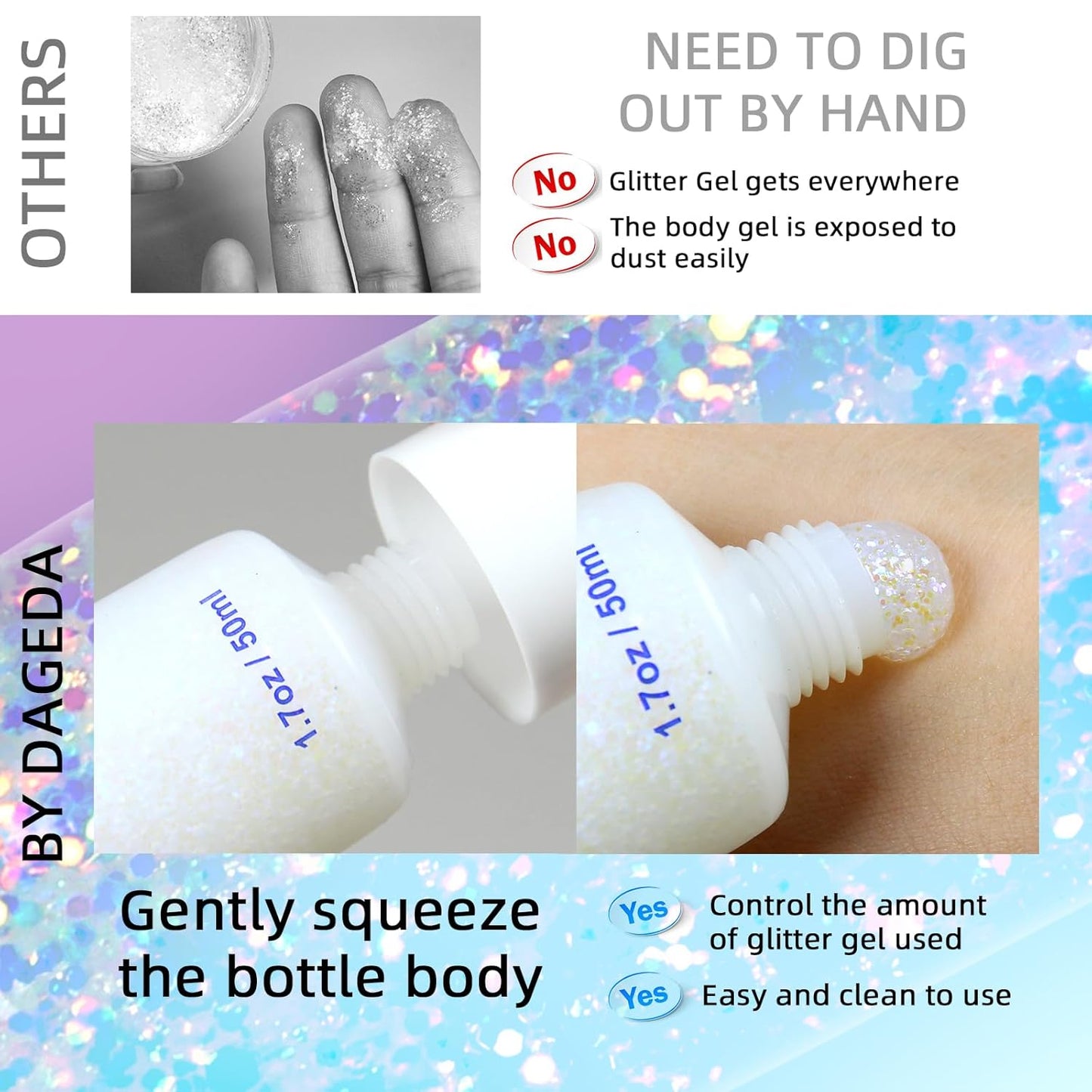 DAGEDA Body Glitter Gel, Holographic Face Glitters Body Gel Shimmer Liquid Eyeshadow, Color Changing Glitter for Face Hair Nails, Glitter Under Light Festival Glitter Makeup 1.7oz (Mystic Purple)