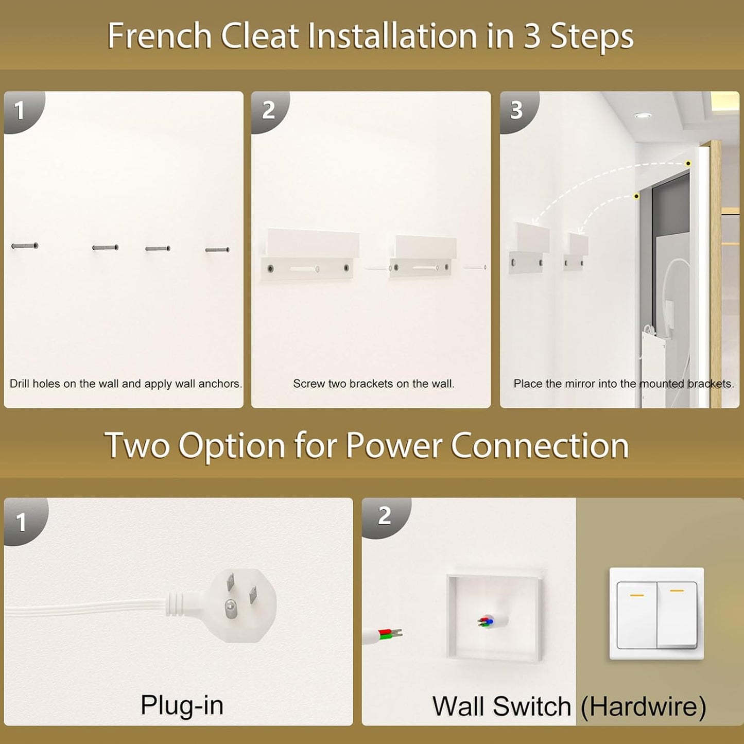 OKPAL 72x36 LED Bathroom Mirror Gold Metal Framed Front & Back Light, Lighted Bathroom Mirror with Lights, Anti-Fog, Dimmable, 3 Colors, Shatterproof, ETL Listed, Horizontal/Vertical