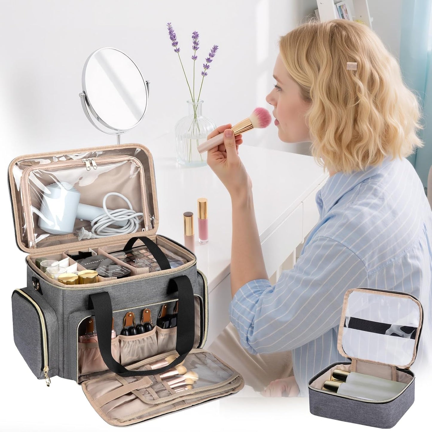 Large Makeup Bag, Portable Travel Makeup Bag Organizer for Women Girls with 2 Removable Pouches & Detachable Dividers, Cosmetic Travel Bag, Toiletry Bag for Makeup and Hair Supplies Grey