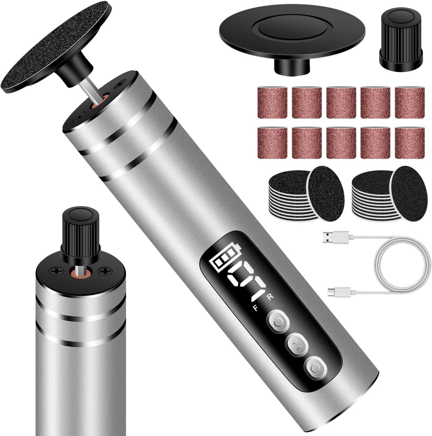 EAONE Portable Electric Foot File-Callus Remover for Feet, Professional 2 in 1 Foot/Nail Filer -Digital Display for Battery Level & 9 Speed Control-Rechargeable Pedicure Tool for Dead Skin (Silver)