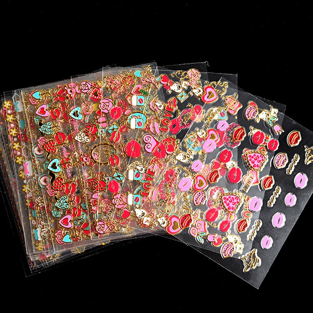 30Pcs Lips Nail Stickers for Valentine's Day 3D Gold Nail Decals Foils Nail Art Supplies Valentines Heart Red Lip Self-Adhesive Nail Design Metallic Nails Stickers for Women Girls DIY Decoration