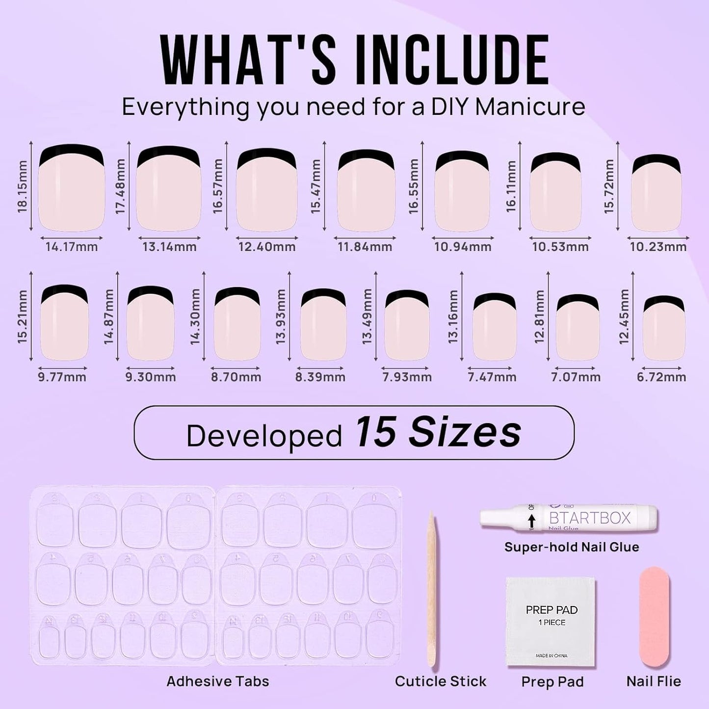 French Tip Press On Nails - BTArtbox Jelly Square Fake Nails with Nail Glue, Reusable Semi-Transparent Stick On Nails in 15 Sizes - 30PCS Soft Gel Glue On Nails Kit, Classic Black