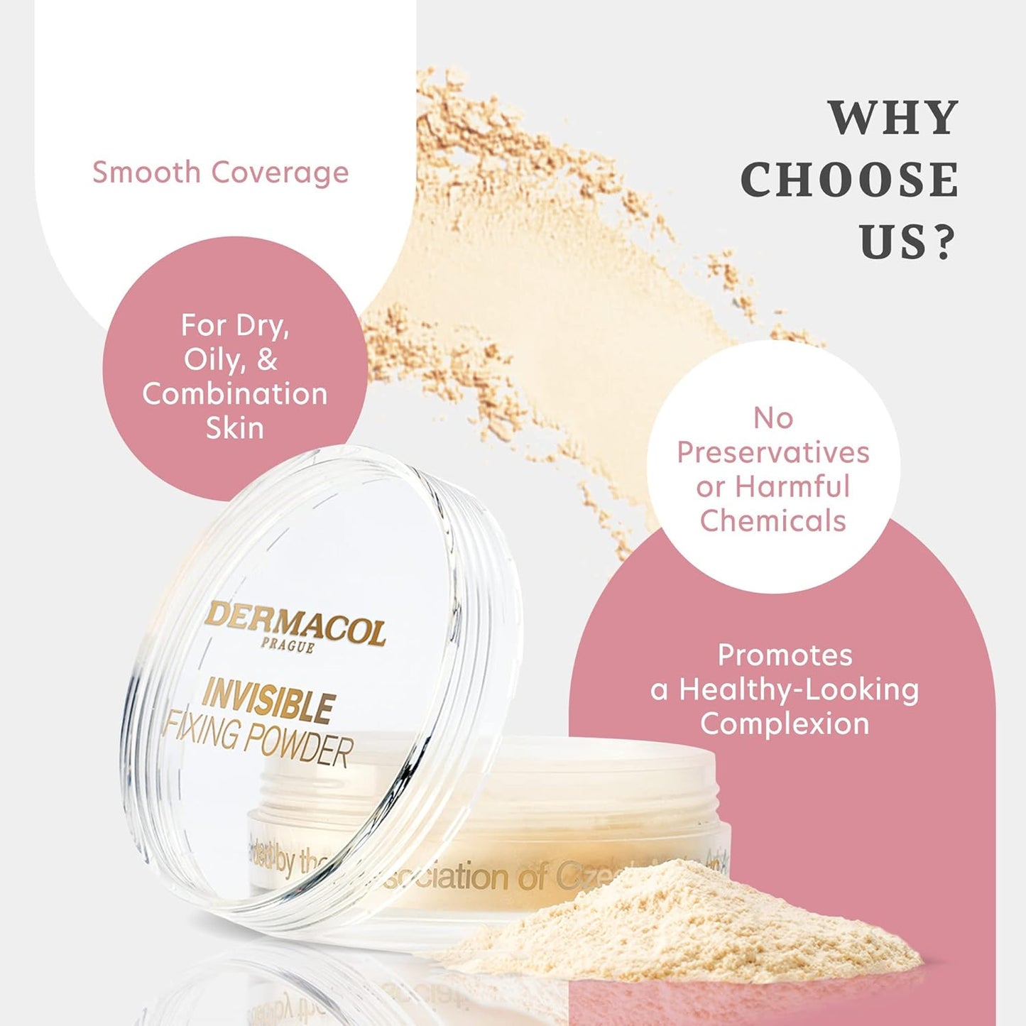 Dermacol - Invisible Fixing Face Powder, Touch-proof Translucent Setting Powder for Oily Skin & Other Skin Types, Loose Powder Makeup, Frangrance-Free Matte Powder with Powder Puff, Light, 13.5 g