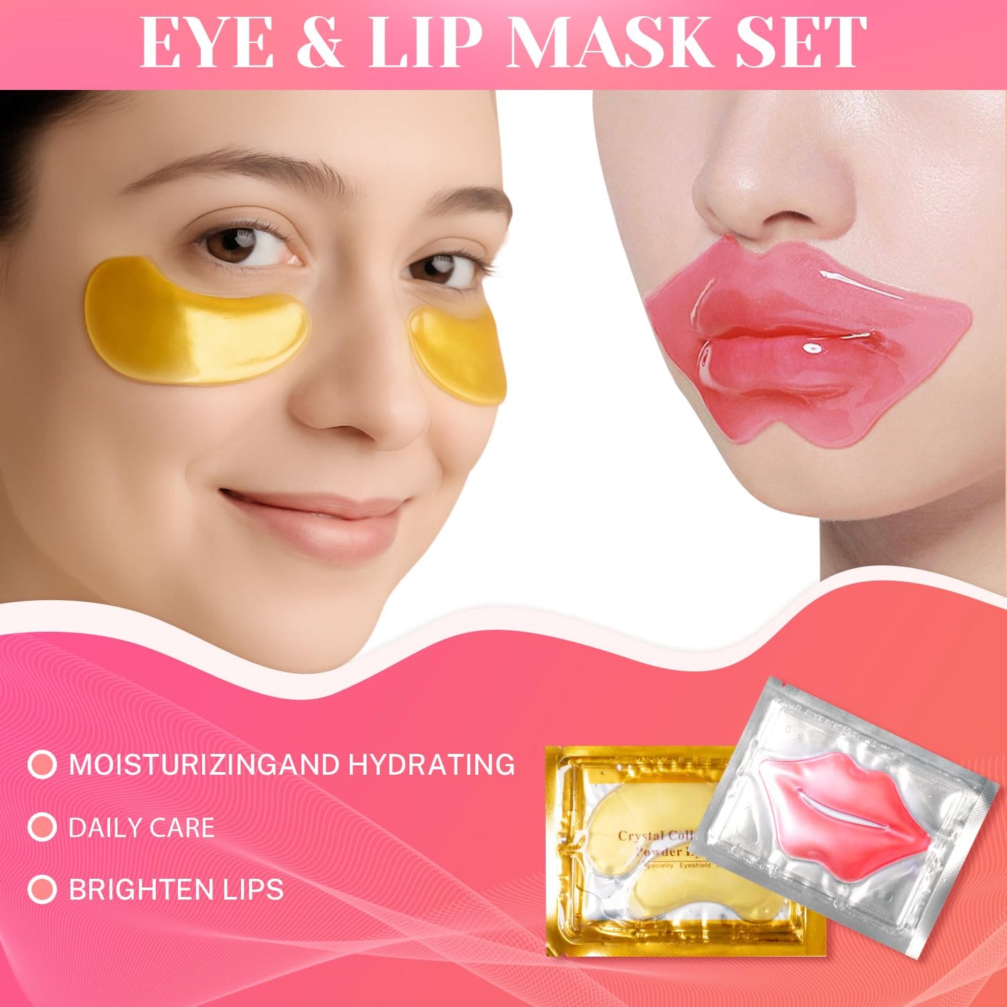 40 Pairs Lip Masks & Eye Masks, 24K Gold Crystal Gel Collagen Eye Pads, Under Eye Patches for Puffy Eyes, Dark Circles, Bachelorette Party Favors, Bridesmaid Gifts, Wrinkles and Fine Lines