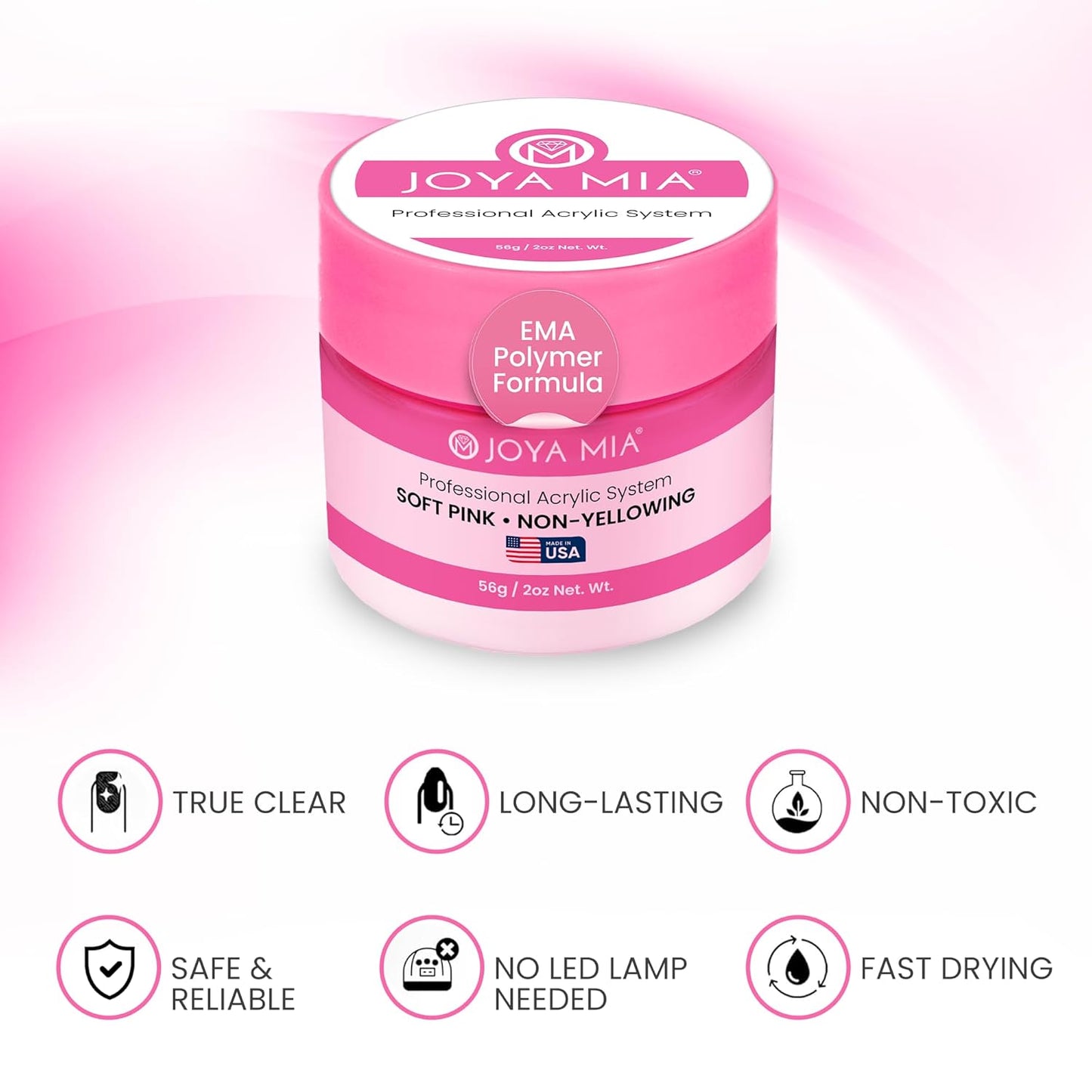Joya Mia Acrylic Powder for Nails, MMA-Free, Super Adhesion Professional Powder for Flawless & Long-Lasting Nail Enhancements, Easy Application, Vibrant & Stunning Colors - Soft Pink, 2 oz
