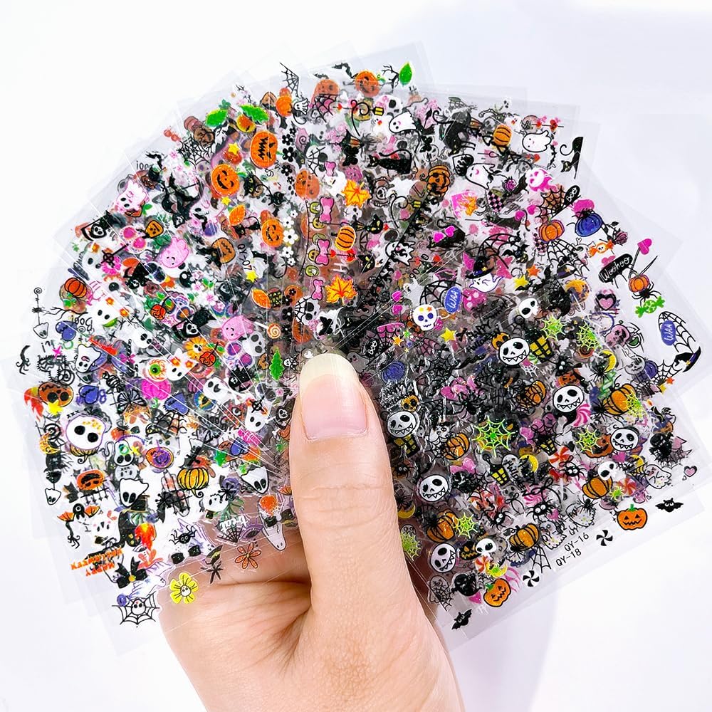 30 Sheet Halloween Nail Art Stickers Decals Cute Ghost Pumpkin Design Spider Web Scary Eyes Acrylic Nails Supplies for Women Manicure Decorations