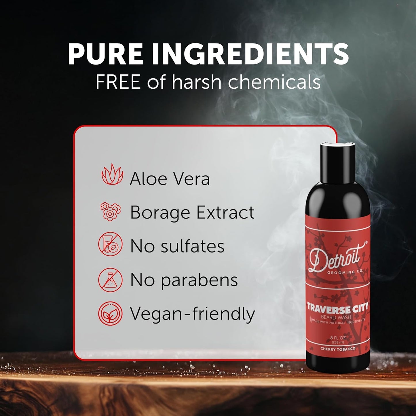 Detroit Grooming Co. Beard Wash - Men's Beard Shampoo - Deeply Cleanses & Refreshes Beards - Aloe Vera with Essential Oils - Beard & Mustache Cleanser - Cherry Tobacco Scent - Traverse City - 8oz