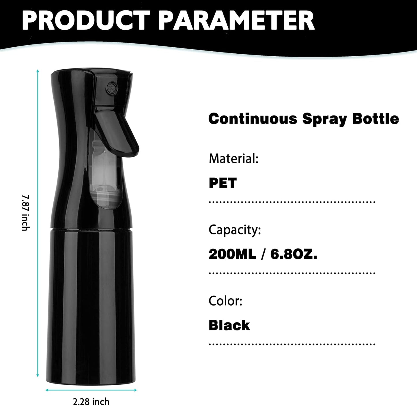 Spray Bottle for Hair (6.8OZ /200ML) Continuous Ultra Fine Mist Sprayer for Hair, Salons, Barber, Plants, Skin Care, Cleaning 1 Pack BLACK