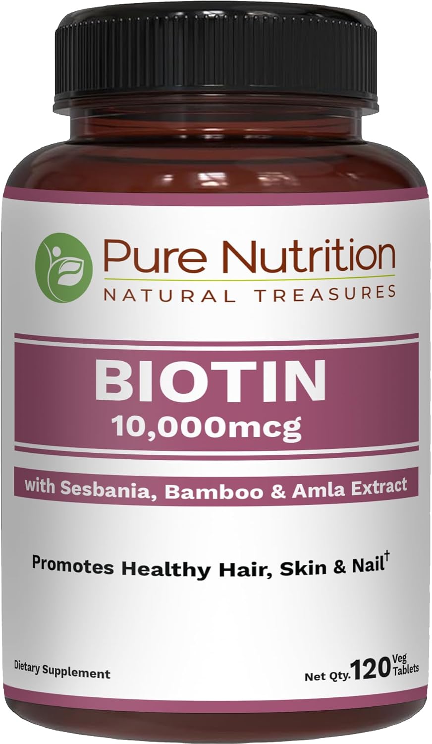 Pure Nutrition Biotin 10000mcg with Sesbania, Bamboo & Amla Extract | 120 Tabs | Natural Biotin 10000mcg Supplement | Non GMO | Gluten Free