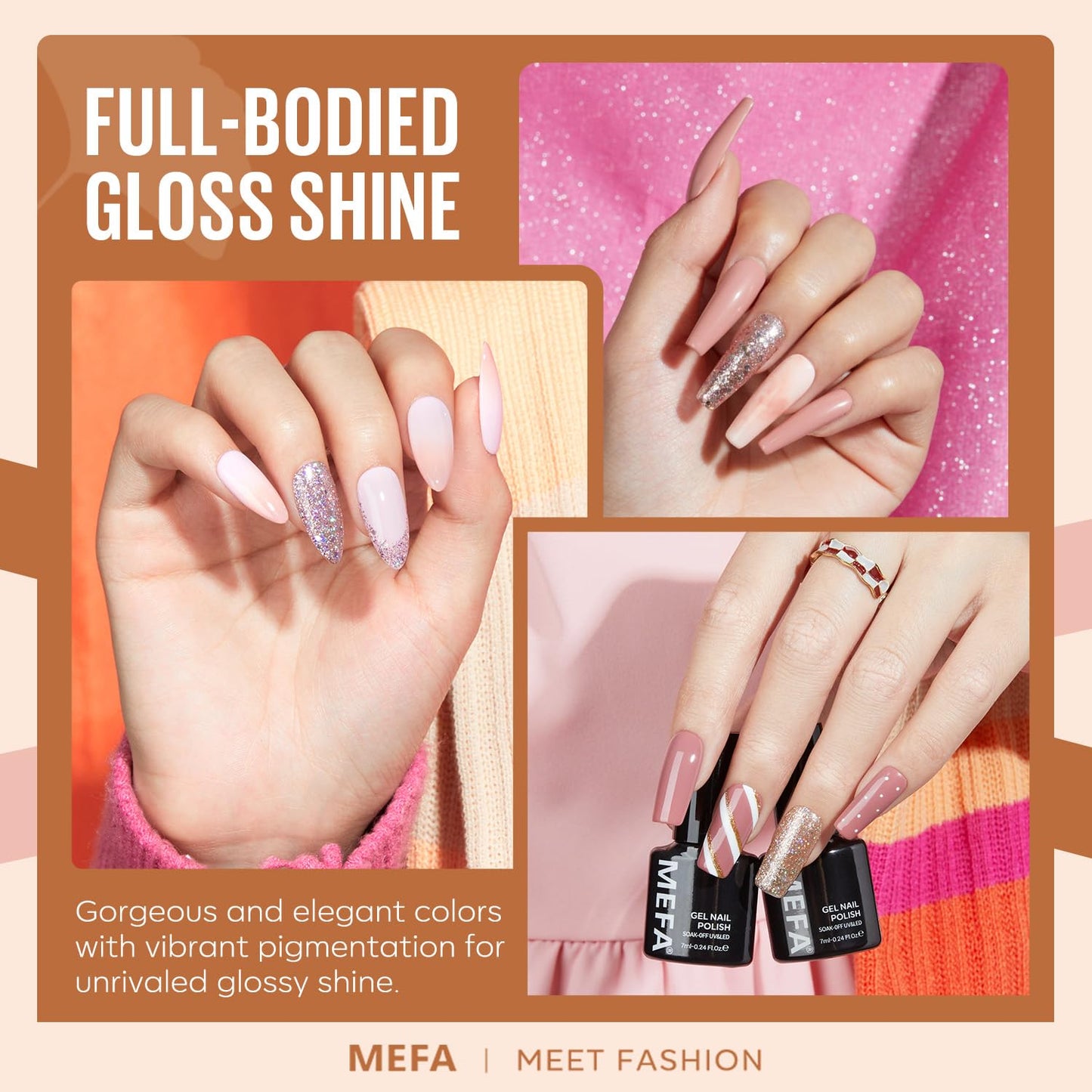 MEFA Nude Gel Nail Polish Set, 12 Colors Champagne Gold Glitter Gel Polish Set Shimmer Nude Pink natural Nail Polish Soak Off Burgundy Dark Red Brown Gifts for Women Girl DIY Salon Home Manicure