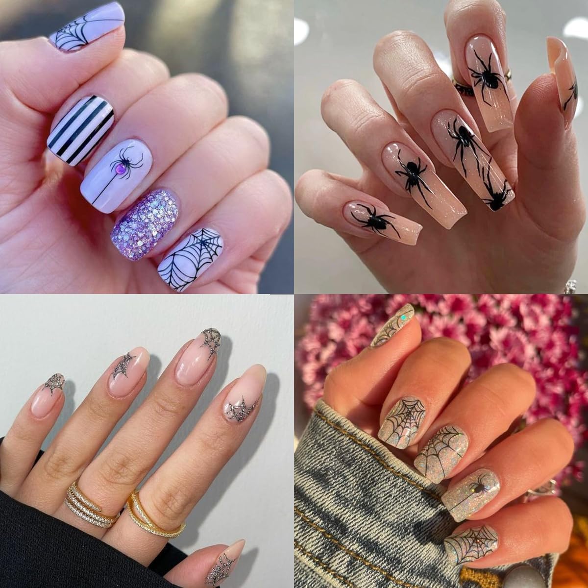 Glitter Halloween Nail Stickers for Nail Art Decoration 8Pcs Funny Spider Web Nail Art Stickers with Rhinestones Nail Design Supplies Gold Silver Blood Rose Star Spider Nail Decals for Halloween Nails