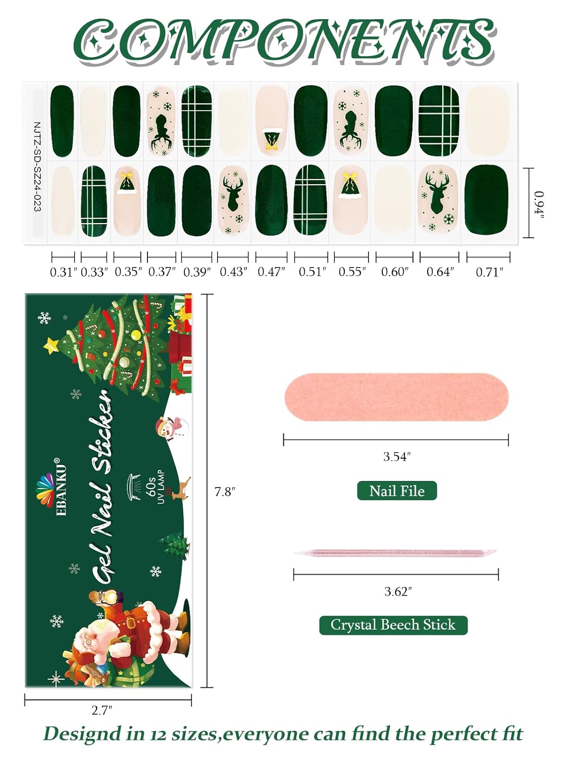 EBANKU 24PCS Christmas Semi-Cured Gel Nail Strips, Deer Horn Self-Adhesive Gel Nail Art Sticker, Waterproof Gel Nail Wrap Stickers with Nail File and Stick
