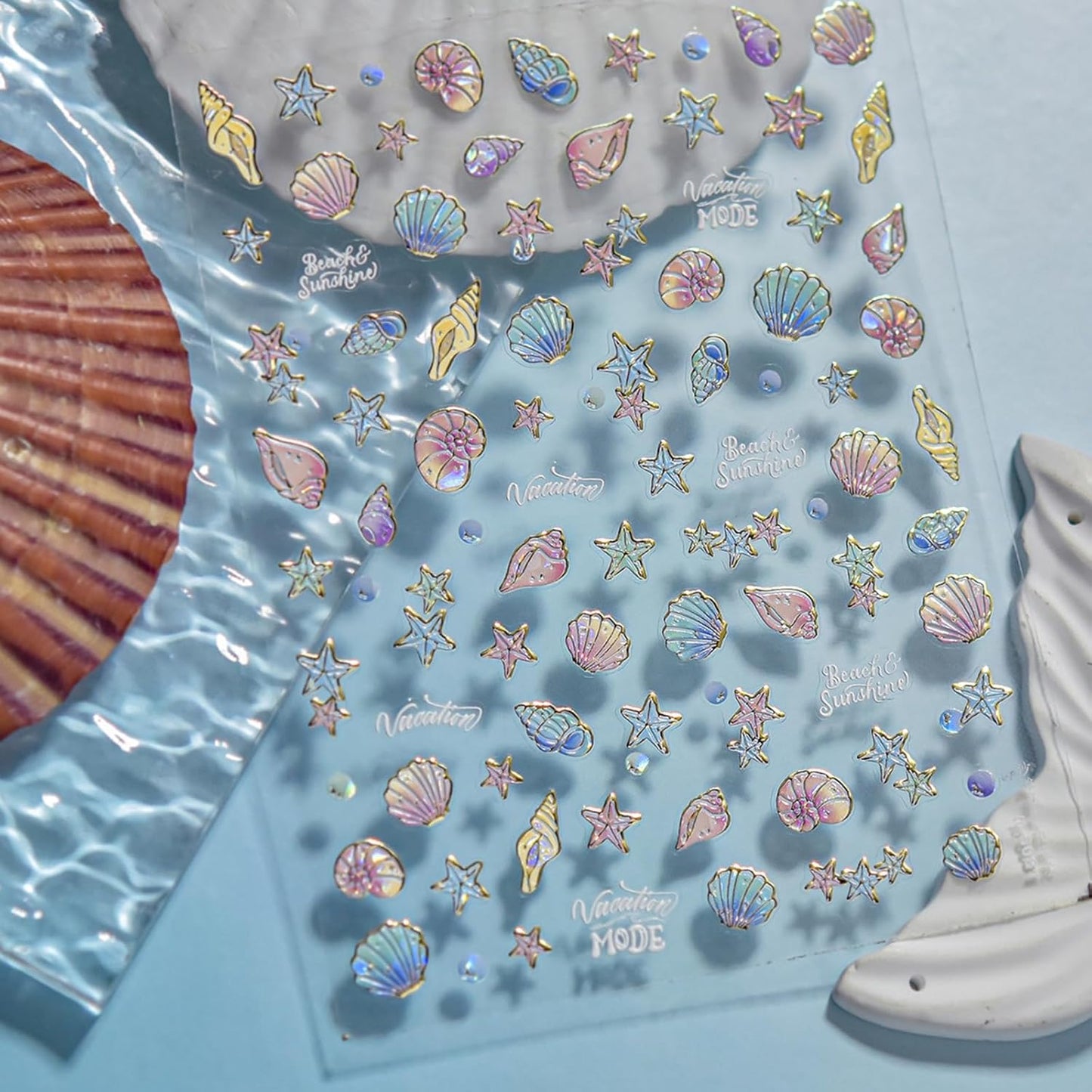 1 Sheet Starfish Nail Art Stickers Holographic Laser Summer Nail Stickers 5D Embossed Self-Adhesive Ocean Nail Decals Conch Seashell Beach Nails Design Nail Supplies for Women Acrylic Nail Decorations