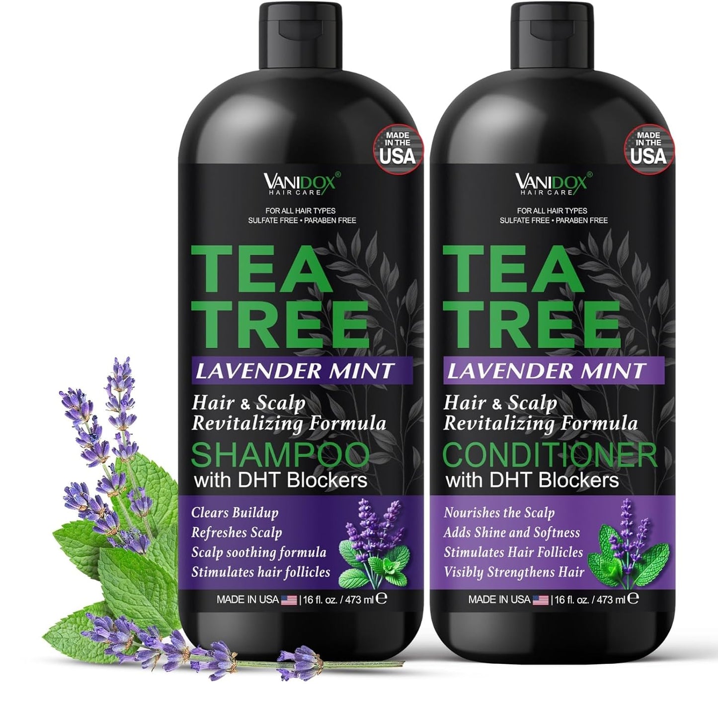 Tea Tree Shampoo and Conditioner Set with Lavender and Mint | DHT Blockers | With 100% Pure Tea Tree Oil for Itchy, Dry Scalp | Sulfate & Paraben Free | For Men & Women | 16 fl oz Each
