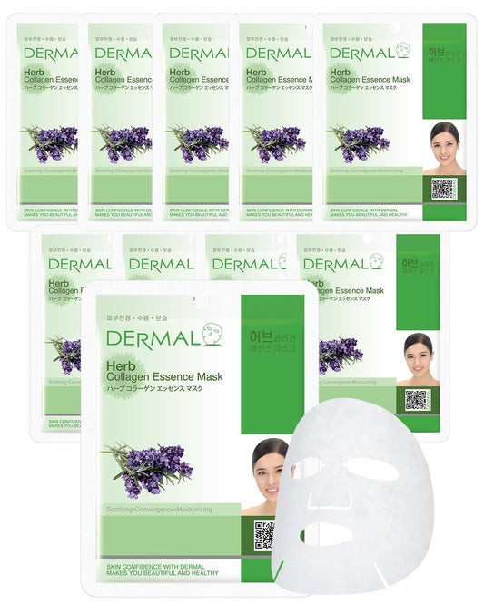 DERMAL Herb Collagen Essence Facial Mask Sheet 23g Pack of 10 - Skin Clear and Purifying, Pore Tightening, Calming for Oily Skin, Daily Skin Treatment Solution Sheet Mask