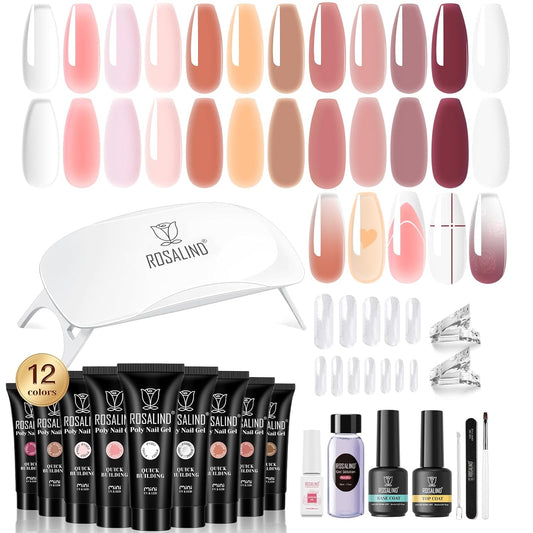 ROSALIND Pink Poly Nail Gel Kit -12 Colors + Nail Art Accessories Kit Poly Nails Gel Starter Kit with Slip Solution All Seasons Classic Colors Nails Extensions Set with Mini UV Lamp