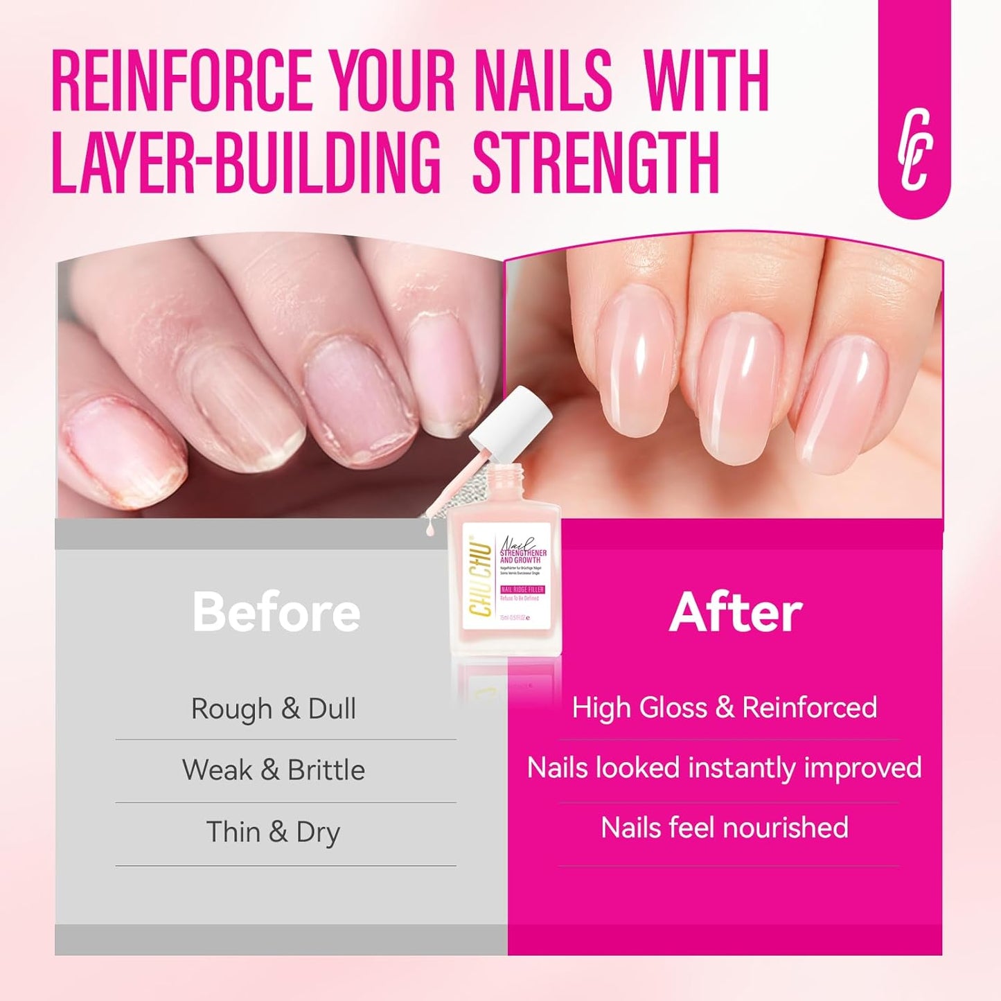 Nail Strengthener for Women: 8 in 1 Soft Pink Natural Nail Hardener Extra Strong and Growth - Nail Polish Hardener Ridge Filler Concealer for Weak and Damaged Nails 15ml