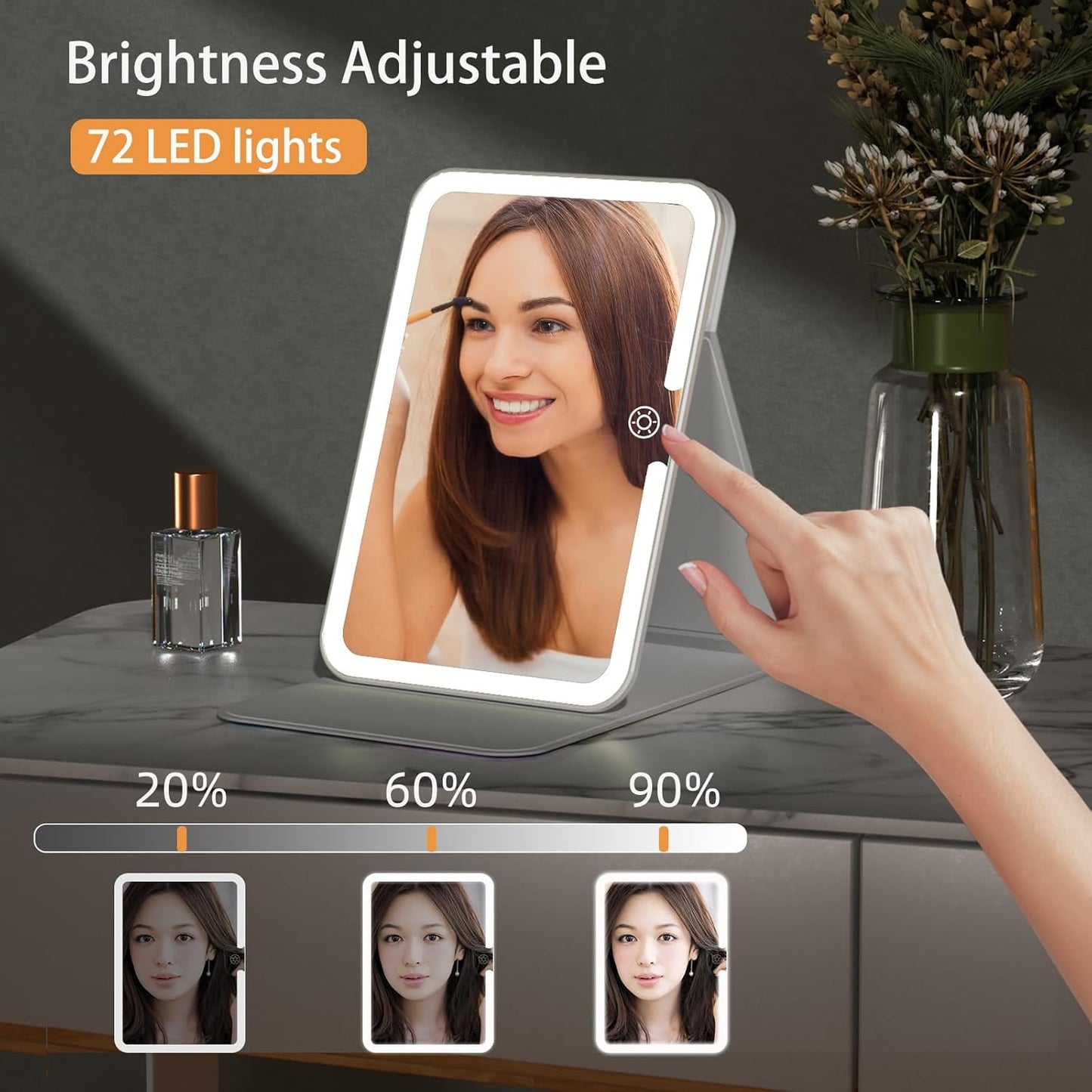 Rechargeable Travel Lighted Makeup Mirror with PU Leather Cover, Portable Travel Makeup Mirror with Lights, 3 Color Lighting,Touch Sensor Dimmable, Light Up Tabletop Cosmetic Mirror Folding Flower