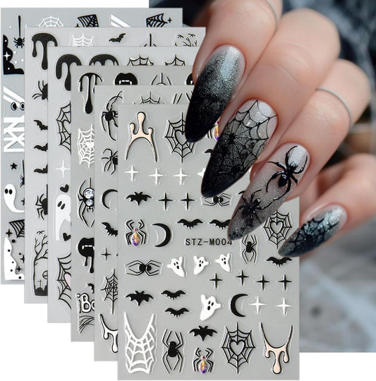 6 Sheets Halloween Nail Stickers for Nail Art Bat Spiders Nail Art Stickers Black Skull Ghost Spider Web Design Goth Nail Decals Nail Supplies for Women Acrylic Manicure Decoration Accessories