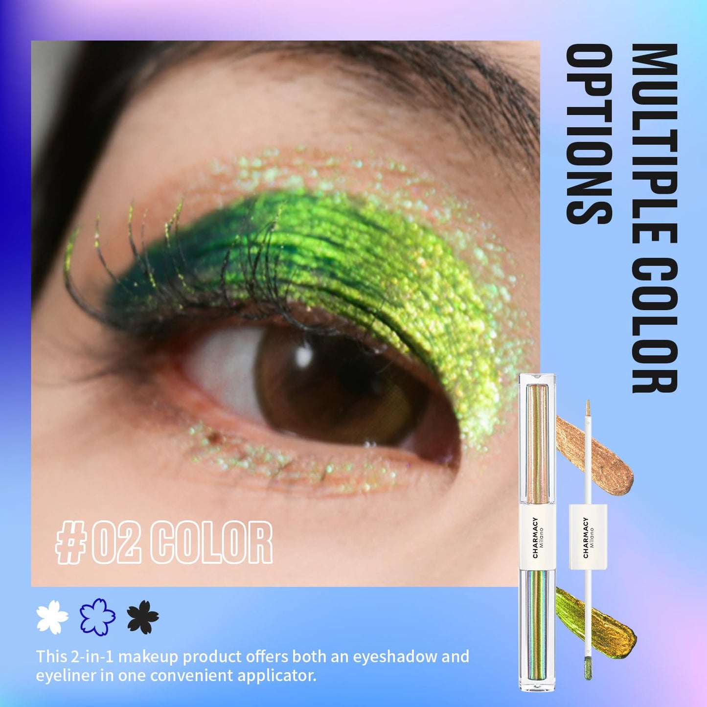 CHARMACY 2 in 1 Starlit Duochrome Liquid Eyeshadow, Glitter Sparkle Colorful Liquid Eyeliner, Quick Drying, High Pigmented, Long lasting Holographic Glitter Multichrome Eye Makeup #02
