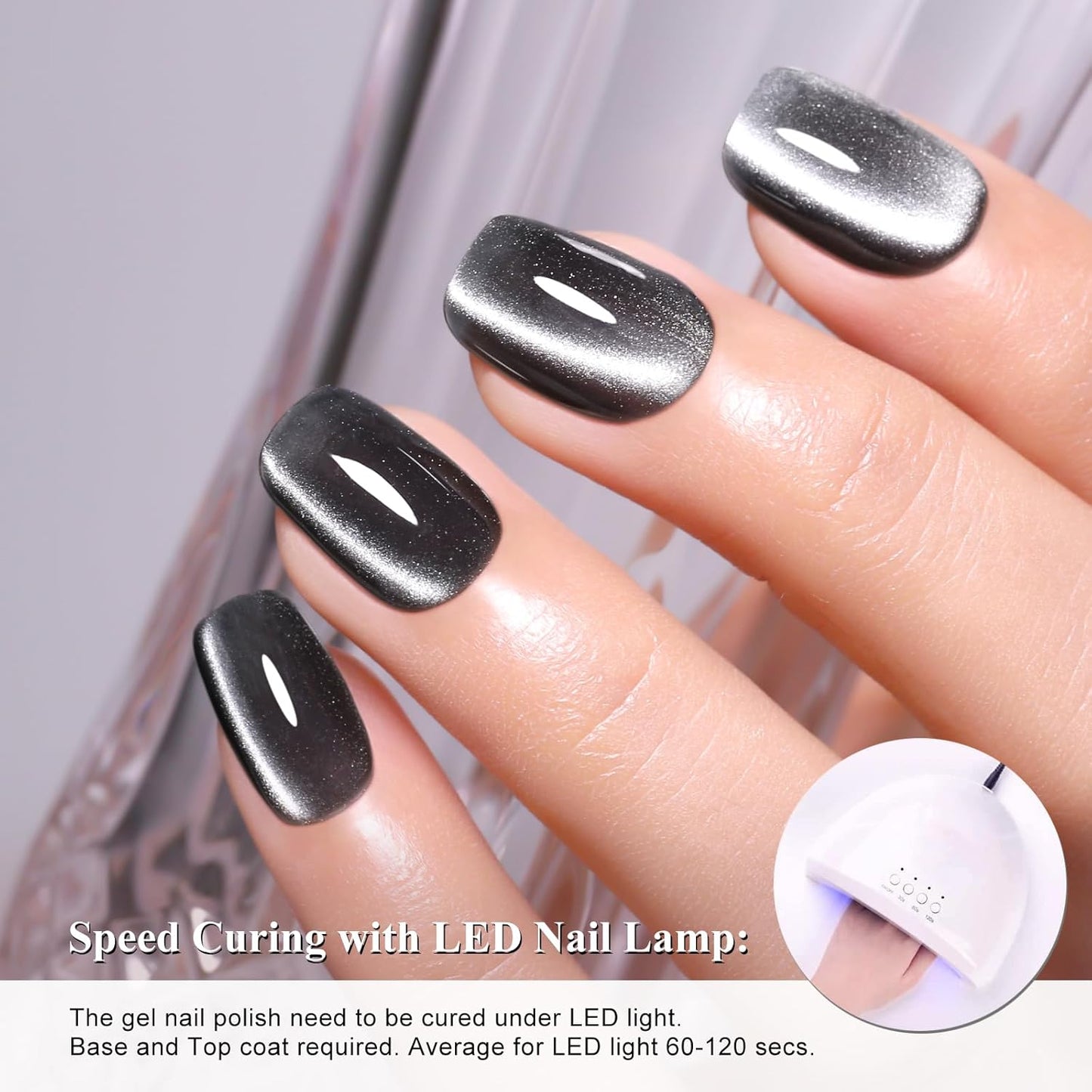 Imtiti Moonlight Cat Eye Gel Nail Polish, 15ml Nude Grey Black Holographic Cat Eyes Glitter Magnetic UV Soak Off Gel Nail Polish with Magnetic Stick for Nail Art 1Pcs