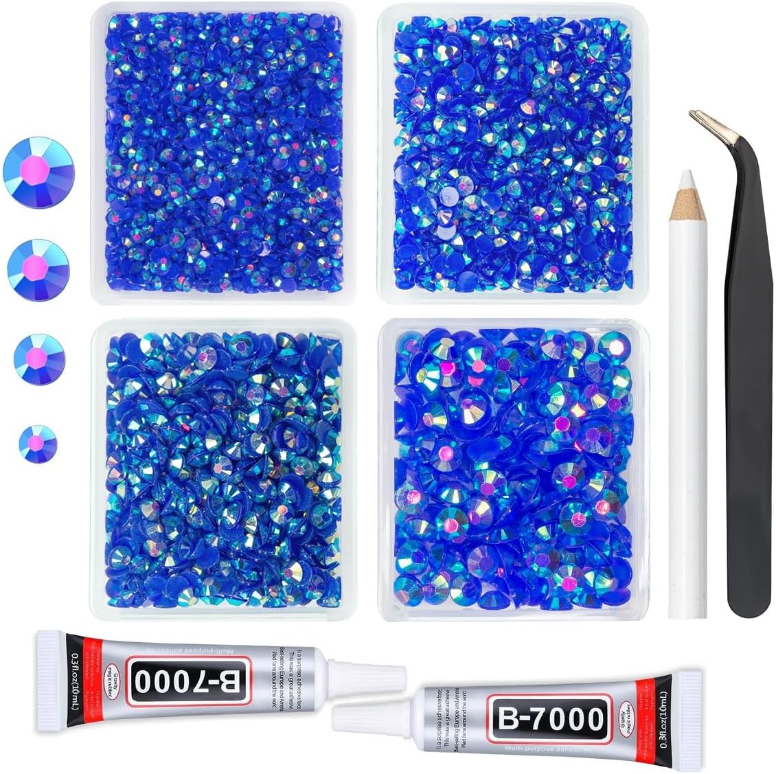 Dark Blue AB Resin Rhinestones w B7000 Jewelry Glue for Bedazzling Crafting 3mm-6mm Royal Blue Flatback Jelly Stones Bulk SS10-SS30 Diamonds Crystals Gems for Nails Face Makeup Tumblers Crafts