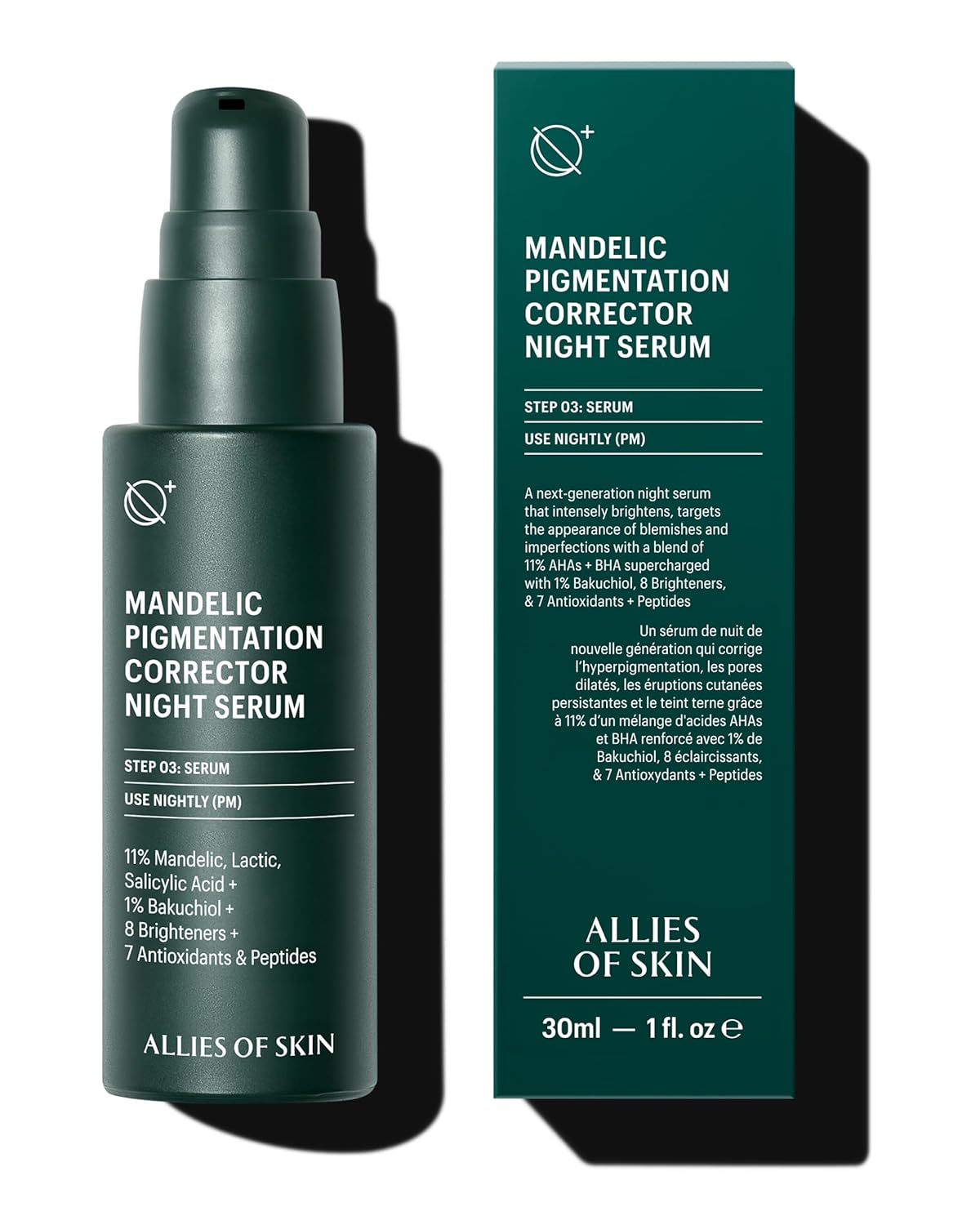Allies of Skin Mandelic Pigmentation Corrector Night Serum | Gentle Acne Face Serum with Bakuchiol, Niacinamide & Salicylic Acid | Anti-Aging Formula to Reduce Pores and Even Skin Tone (1 oz)