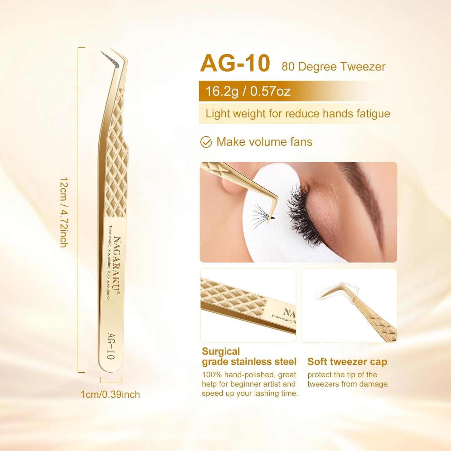 NAGARAKU Precision Fiber Tip Tweezer for Eyelash Extensions Diamond Grip Anti-Static Anti-Slip Premium Stainless Steel Pointed Volume Eyelashes Boot Tweezers Supplies with Box(80 Degree Tweezer AG-10)