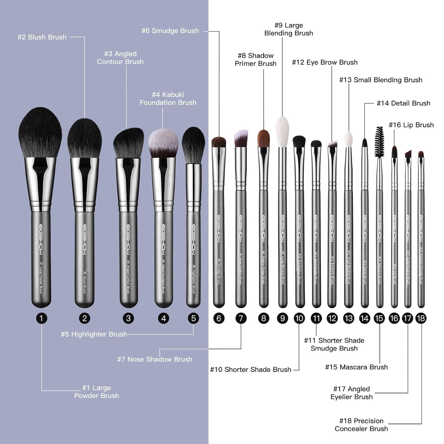 Professional Makeup Brush Set, EIGSHOW High End Makeup Brushes for Foundation Powder Blending Blush Bronzer Eyeliner Eyeshadow with Case (PRO 18pcs Grey)