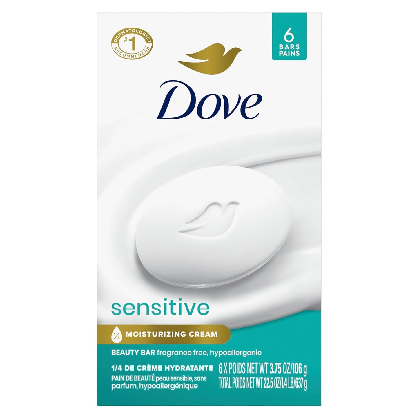 Dove Beauty Bar Soap Sensitive, 6 Bars for Sensitive Skin, Fragrance Free and Hypoallergenic 3.75 oz