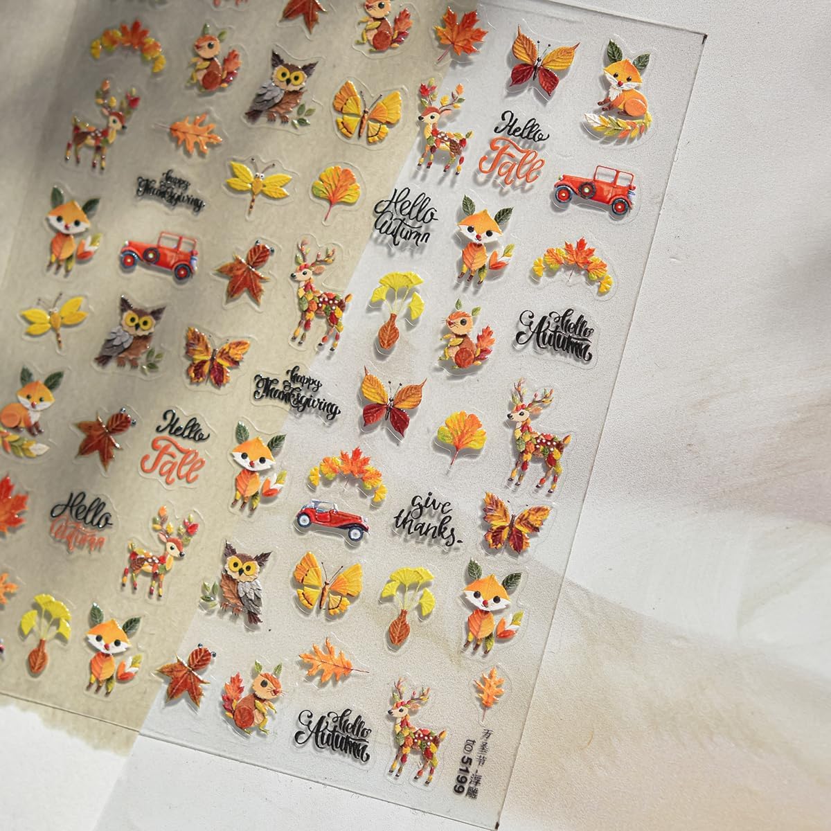 Thanksgiving Day Nail Stickers for Nail Art Fall Nail Sticker 5D Embossed Self-Adhesive Shiny Autumn Leaves Fox Deer Owl Nails Decals Holiday Maple Leaf Manicure Decoration for Salon Nails 1Sheet