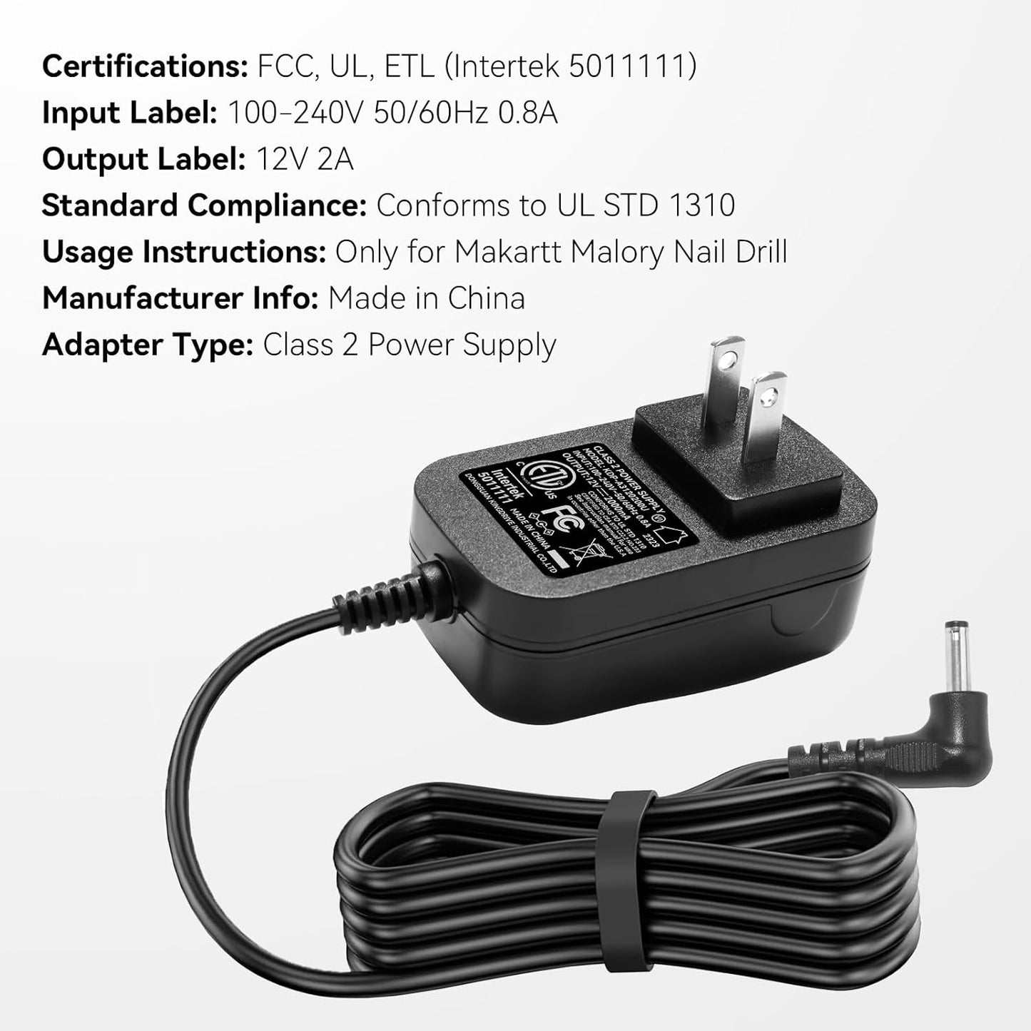 Makartt Original Power Charger Adapter for Malory Nail Drill, 12V 2A AC Battery Supply Cord for 30000RPM Rechargeable Electric File Manicure Tech Art Salon Home DIY Use