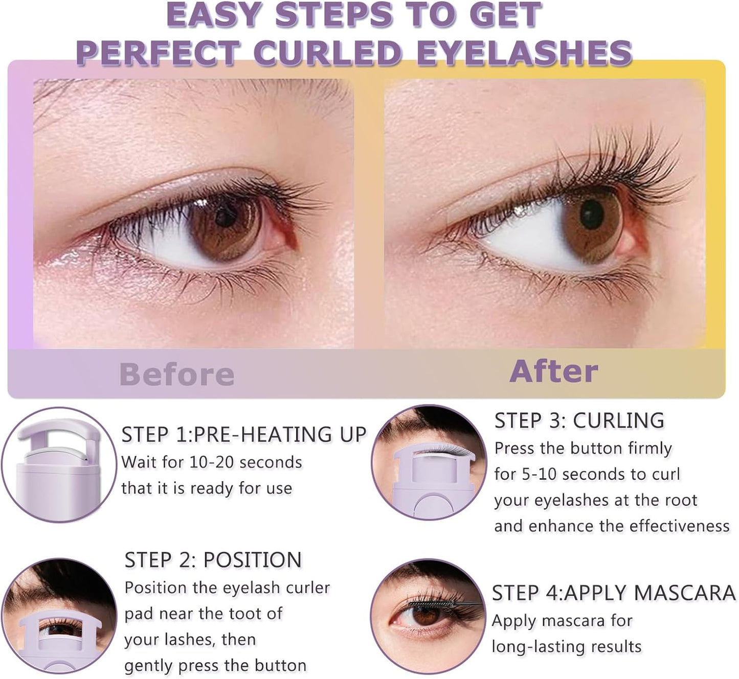 Heated Eyelash Curler - Wide Open Dual-Arc Design Heated Lash Curler - Electric Eyelash Curler - Type-C Rechargeable Mini Lash Curler Natural Curling 24H Long Lasting for Women - Purple