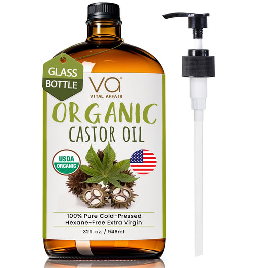 Pure Organic Castor Oil 32oz – Cold Pressed, Unrefined, USDA Organic – Glass Bottle for Hair Growth, Eyelashes, Eyebrows, Face & Castor Oil Packs