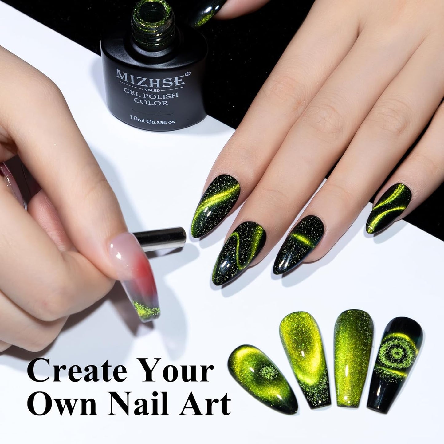 MIZHSE 9D Cat Eye Gel Nail Polish, Bright Green Magnetic Gel Polish with Magnet Stick, Magic Shimmer Galaxy Effect Holographic Glitter Silky Cat Eye Nail Polish Soak Off Nail Art Manicure at Home