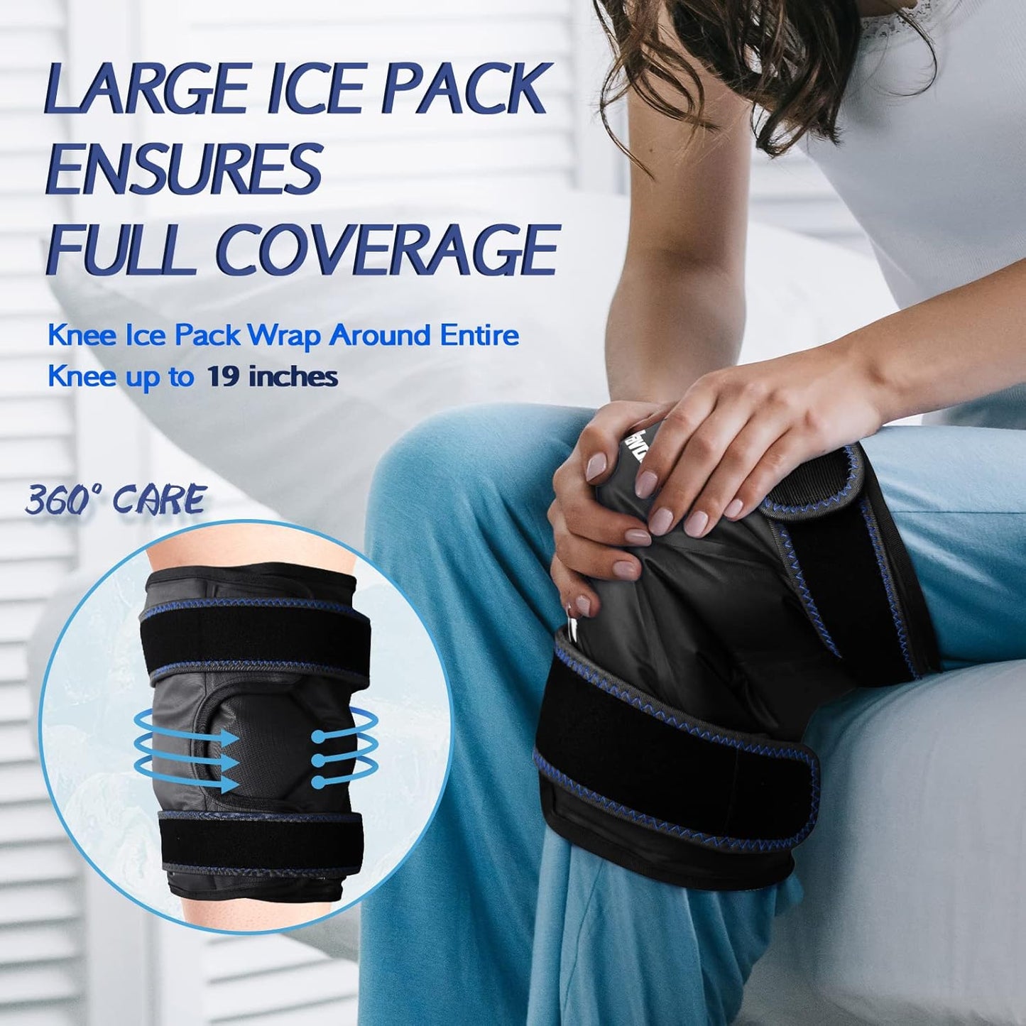 XXL Knee Wrap Around Entire Knee After Surgery, Reusable Gel Ice Pack for Knee Injuries, Large Ice Pack for Pain Relief, Swelling, Sports Injuries, 1 Pack (Black)