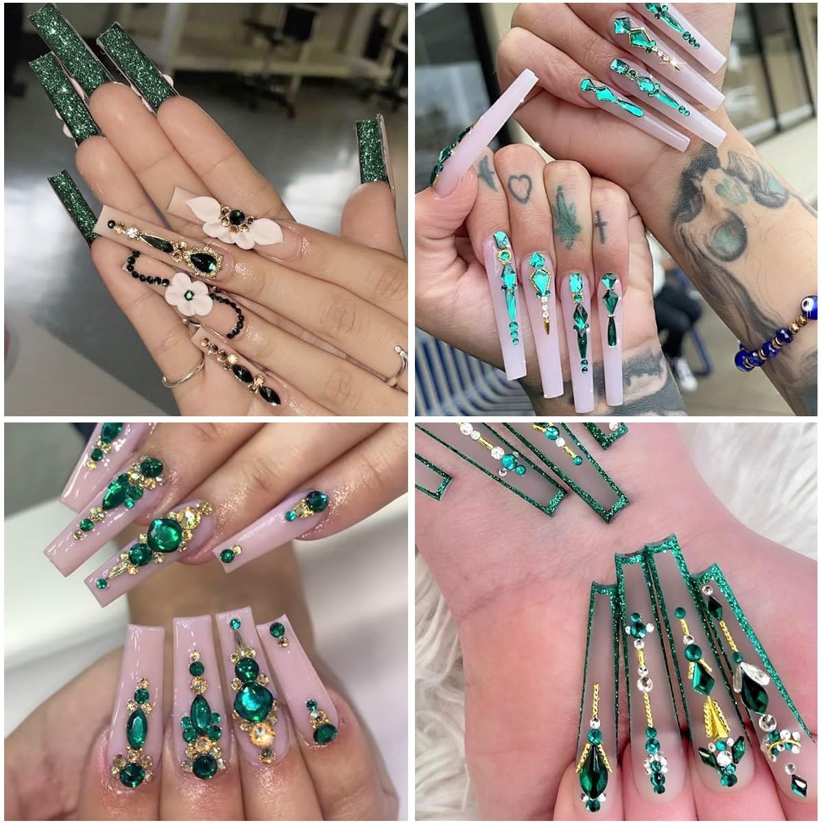 4 Boxes Emerald Green Rhinestones Glitters 24 Shapes K9 Glass Gems Stones Flatback Round Diamonds Crystals Nail Art Charms Supplies for Nails Faces Eyes Makeup Body DIY Crafts Tumblers Bottles