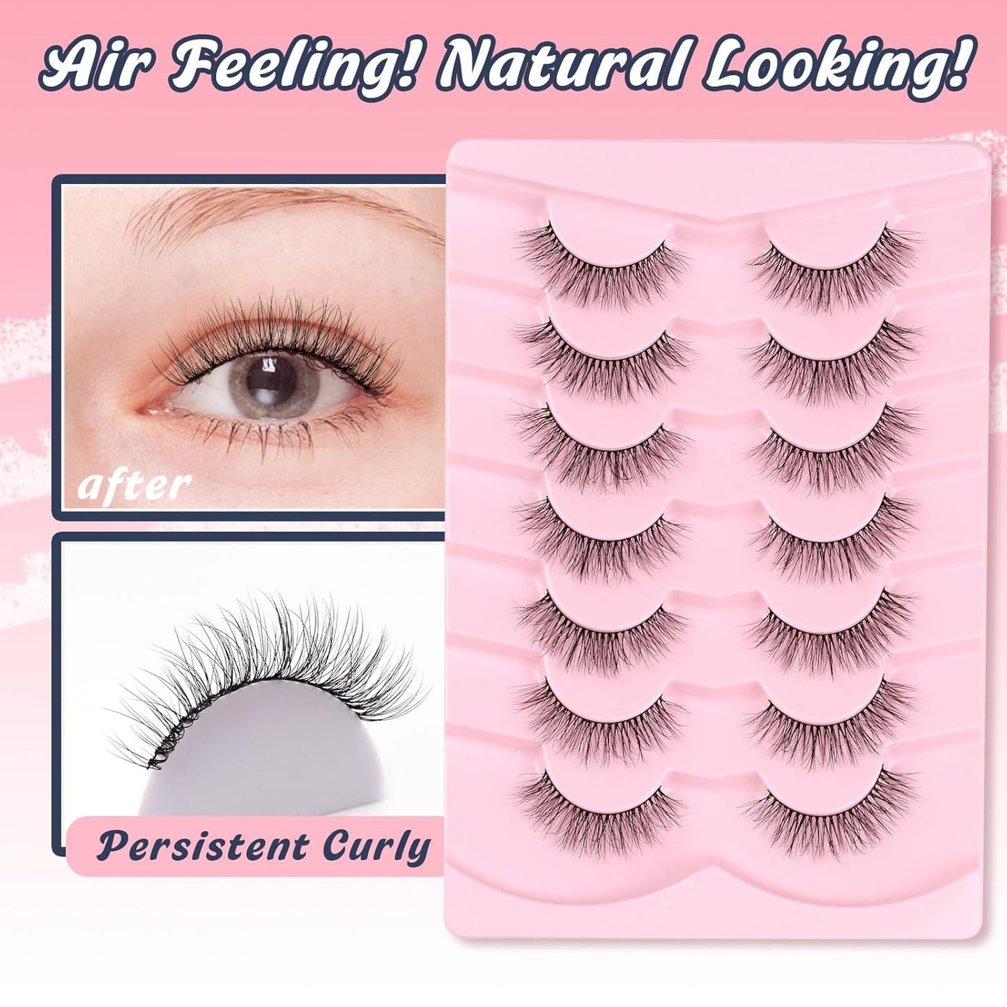 Natural Lashes Eyelashes Wispy 12mm False Lashes Soft Strip Lashes 3D Volume Eyelashes Thin Cotton Band Natural Eye Lashes C Curl Eyelash Siligli Lash Pack 7 Pair